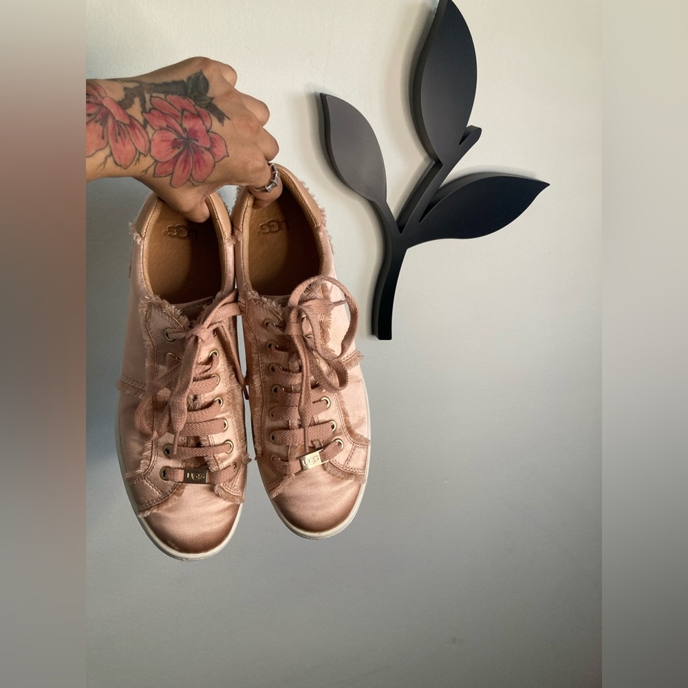 Satin Rose Gold UGG Sneakers With Gold Metal Detailing